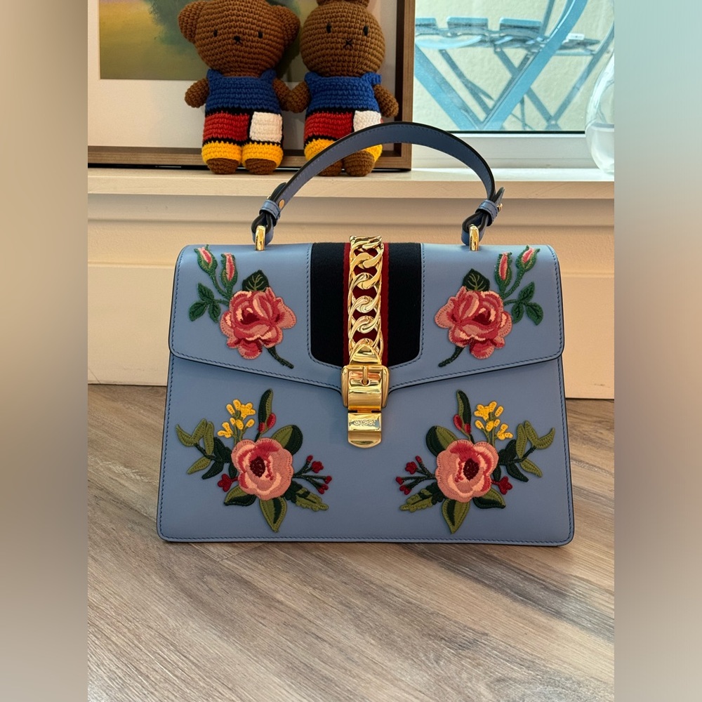 Gucci Calfskin Embroidered Medium Sylvie Top Handle Bag Light Blue